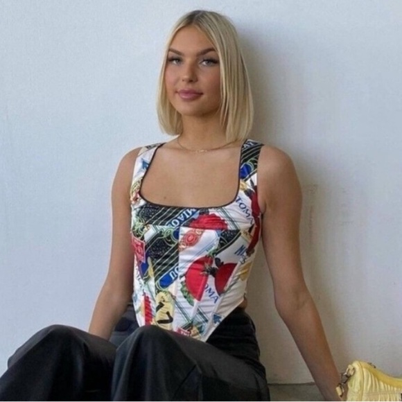 Miaou Campbell Satin Corset Top in Figaro Print Medium - Picture 3 of 14